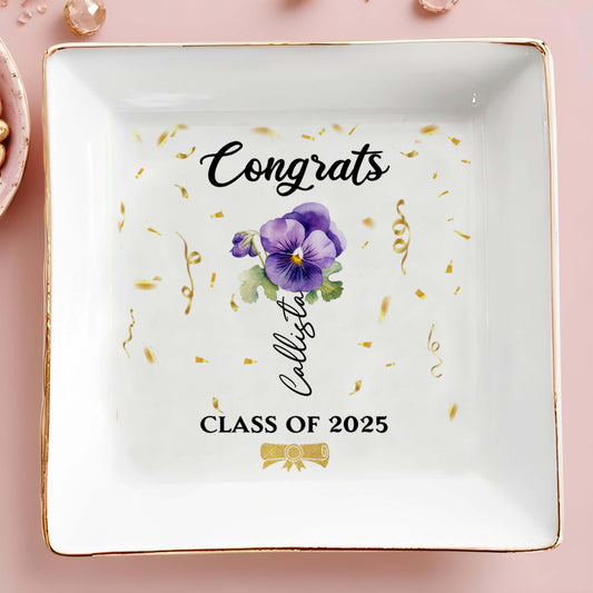 Congrats Personalized Pansy Flower Design Jewelry Dish
