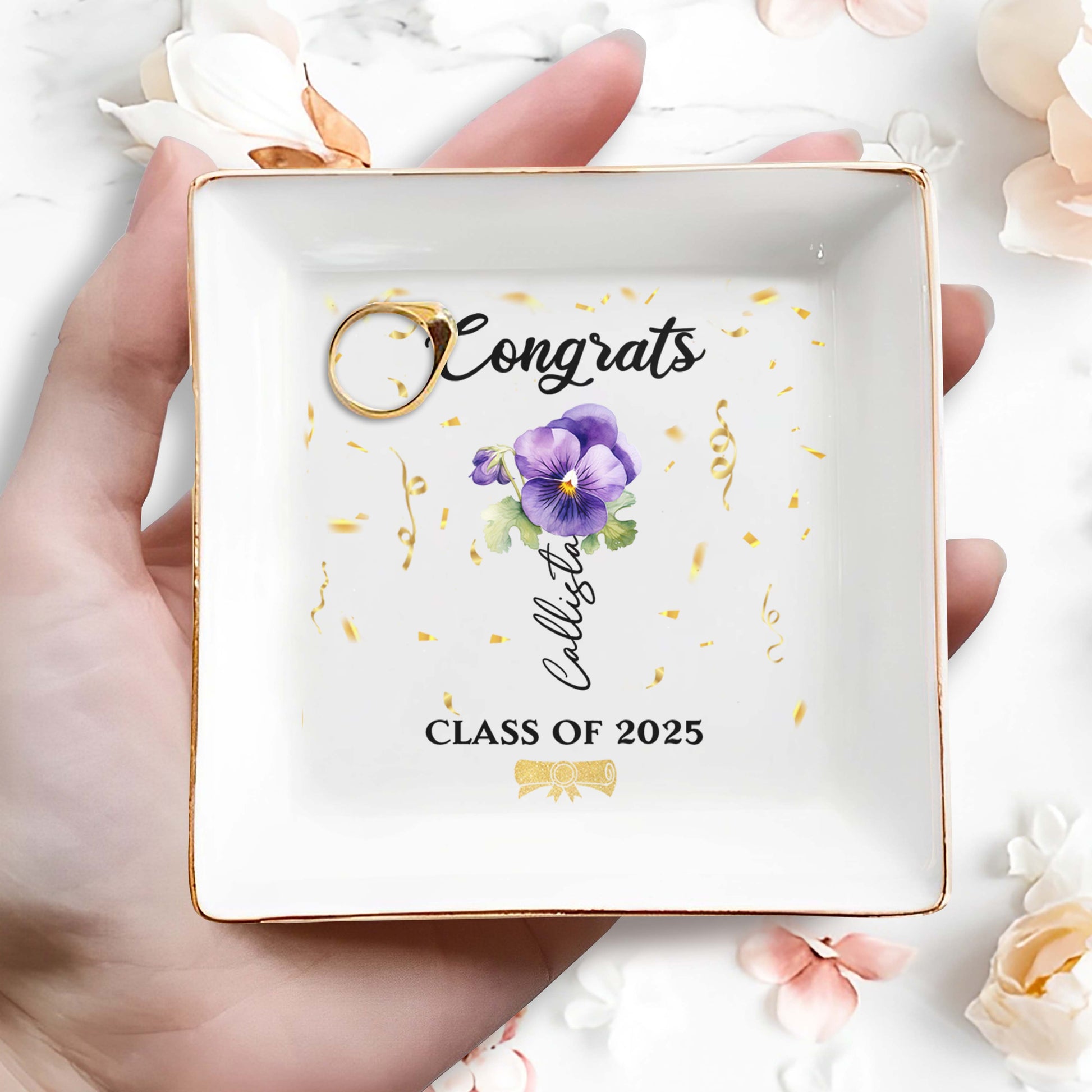 Congrats Personalized Pansy Flower Design Jewelry Dish