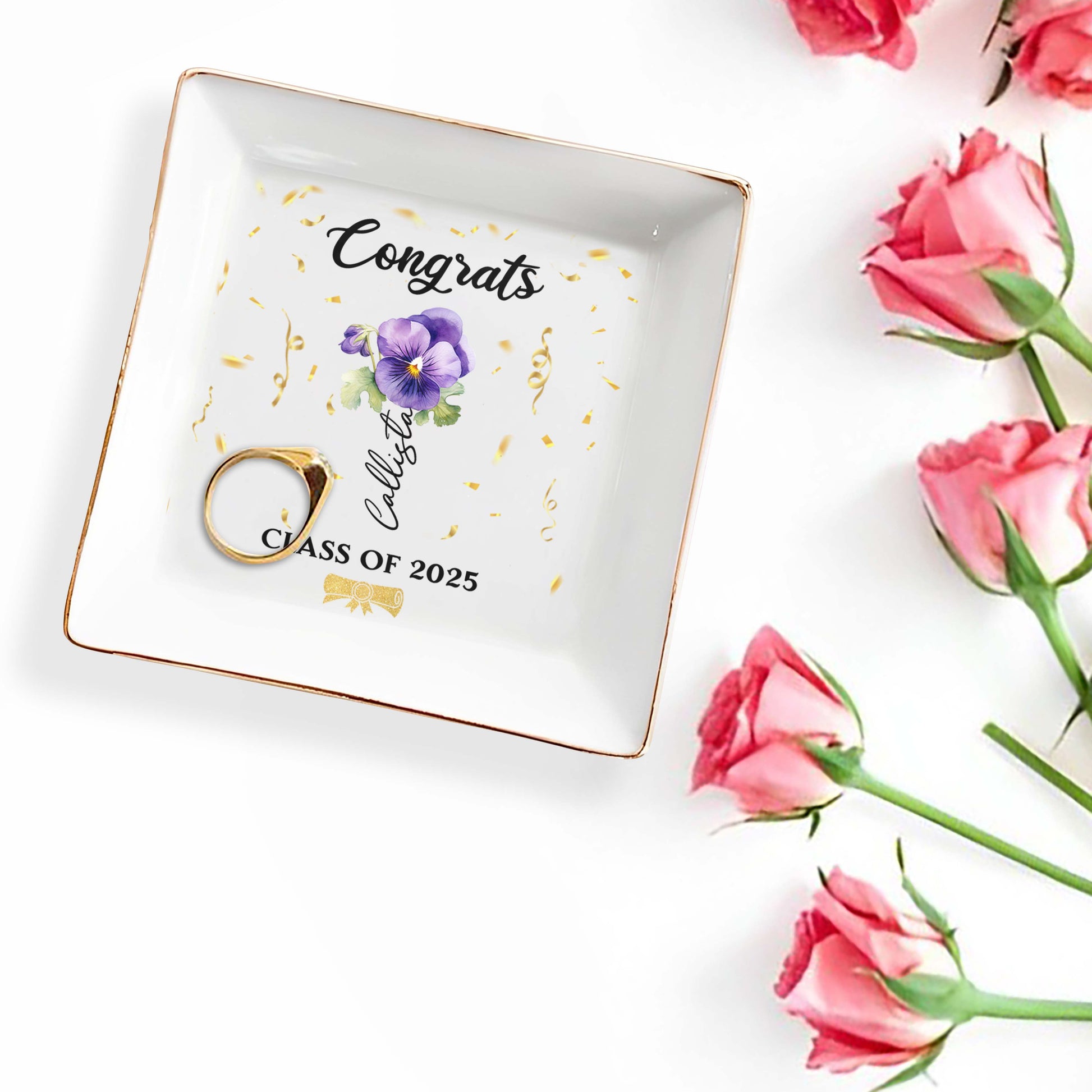 Congrats Personalized Pansy Flower Design Jewelry Dish