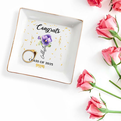 Congrats Personalized Pansy Flower Design Jewelry Dish