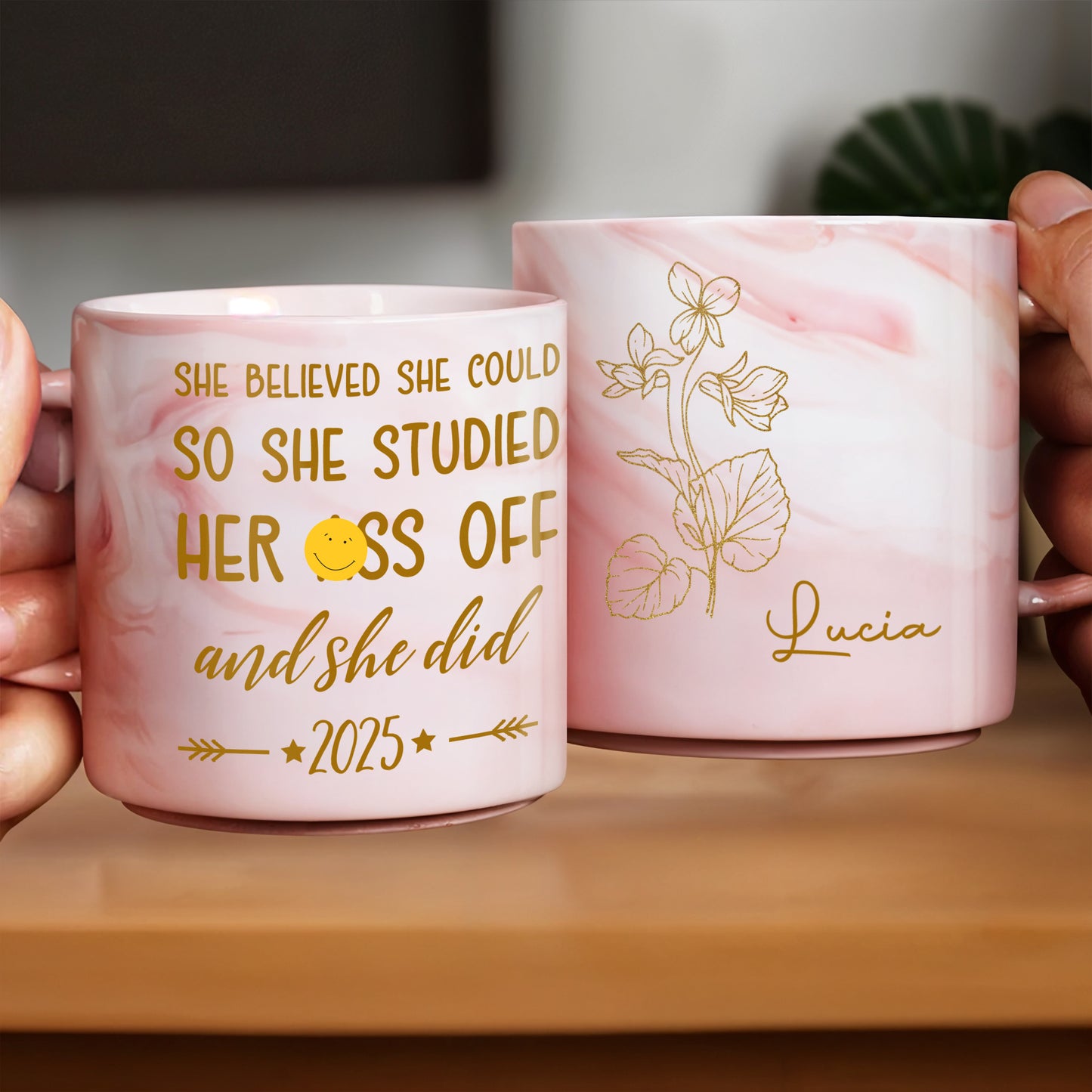 She Believed She Could and She Did Motivational Flowers Design - Personalized Custom Pink Marble Mug - GRAD004_PMAM