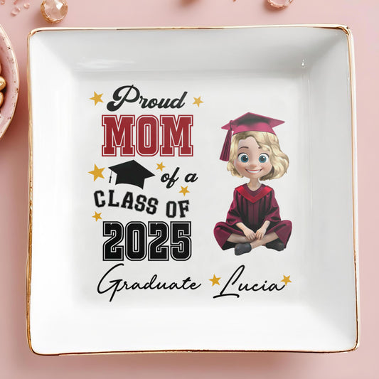 Proud Mom Of A Class Of 2025 Graduate, Graduation Cap and Stars - Personalized Custom Jewelry Dish, Square Ceramic Dish - GRAD014_SCRD