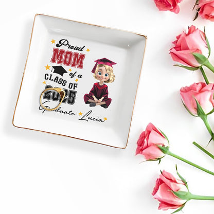 Fière maman d'une diplômée de la promotion 2025, chapeau de remise de diplôme et étoiles - Plat à bijoux personnalisé, plat carré en céramique - GRAD014_SCRD