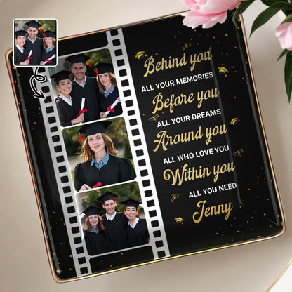 Behind You All Your Memories, Film Strip and Graduation Caps - Personalized Custom Jewelry Dish, Ceramic Dish, Square Shape - GRAD032_SCRF