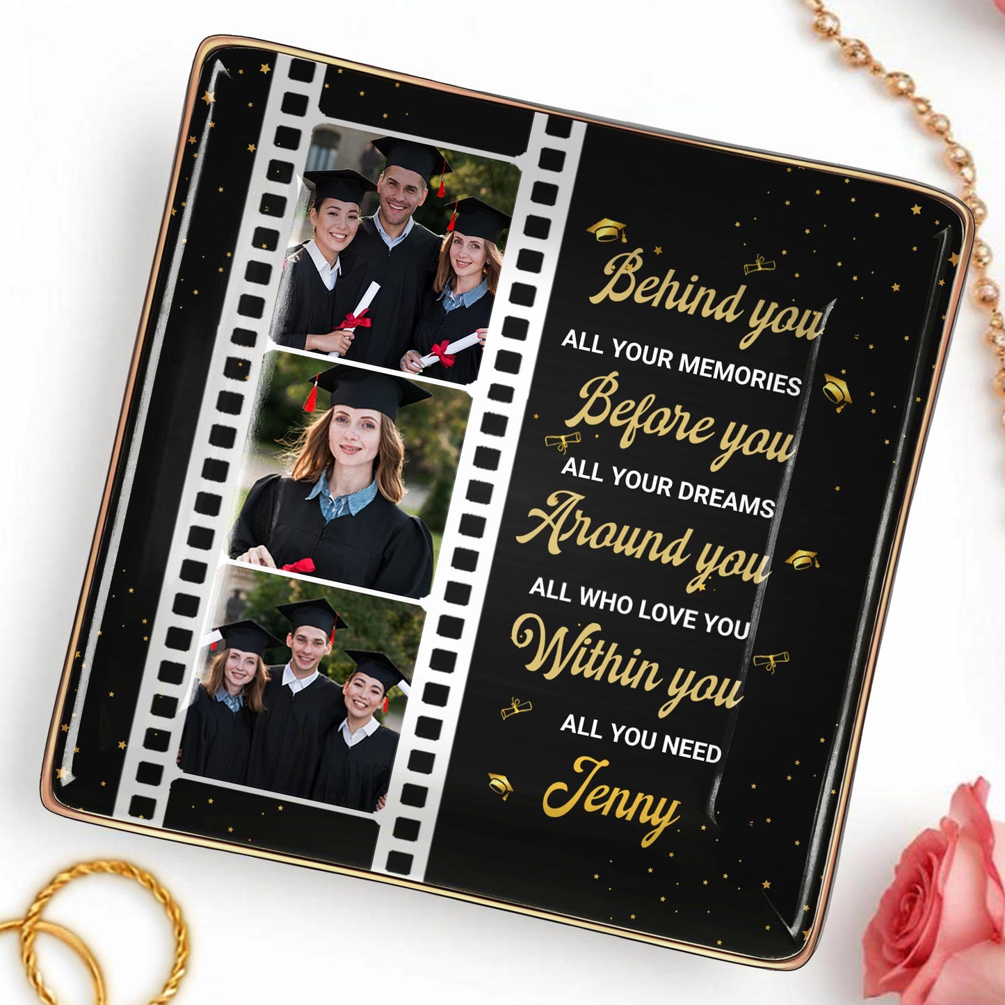 Behind You All Your Memories, Film Strip and Graduation Caps - Personalized Custom Jewelry Dish, Ceramic Dish, Square Shape - GRAD032_SCRF