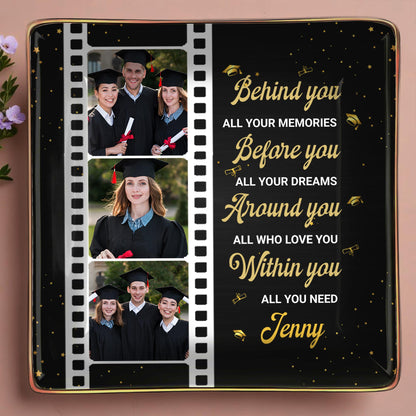 Behind You All Your Memories, Film Strip and Graduation Caps - Personalized Custom Jewelry Dish, Ceramic Dish, Square Shape - GRAD032_SCRF