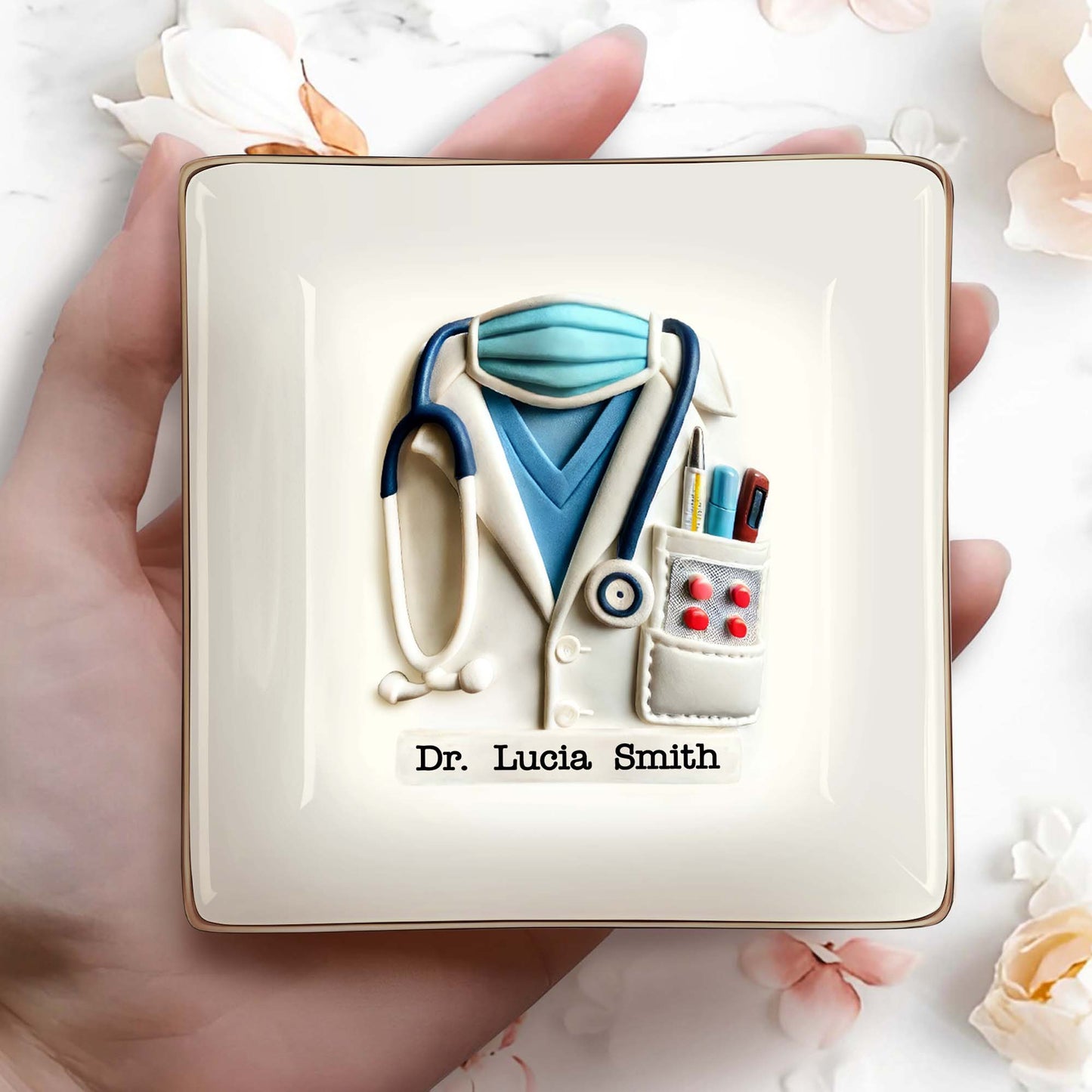 Celebrate A Caring Heart, Stethoscope And Medical Coat - Personalized Custom Jewelry Dish, Ceramic Dish, Square Shape