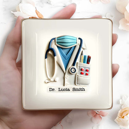 Celebrate A Caring Heart, Stethoscope And Medical Coat - Personalized Custom Jewelry Dish, Ceramic Dish, Square Shape