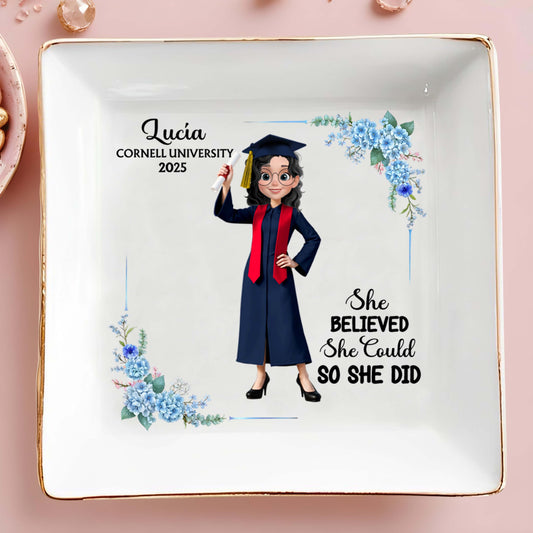 She Believed She Could So She Did, Graduation Cap and Flowers - Personalized Custom Jewelry Dish, Square Ceramic Dish - GRAD041_SCRD