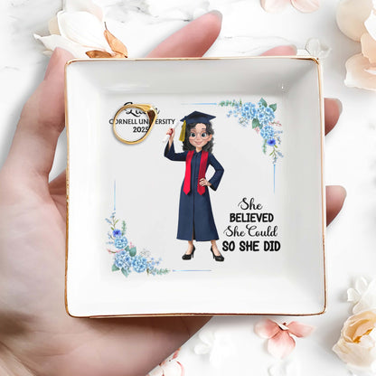 She Believed She Could So She Did, Graduation Cap and Flowers - Personalized Custom Jewelry Dish, Square Ceramic Dish - GRAD041_SCRD