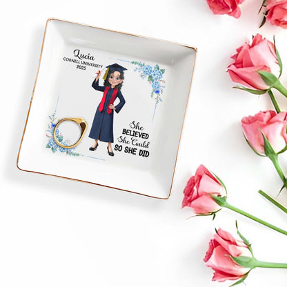 She Believed She Could So She Did, Graduation Cap and Flowers - Personalized Custom Jewelry Dish, Square Ceramic Dish - GRAD041_SCRD