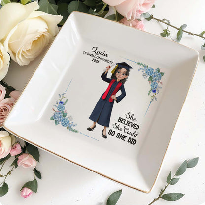 She Believed She Could So She Did, Graduation Cap and Flowers - Personalized Custom Jewelry Dish, Square Ceramic Dish - GRAD041_SCRD