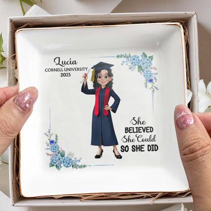 She Believed She Could So She Did, Graduation Cap and Flowers - Personalized Custom Jewelry Dish, Square Ceramic Dish - GRAD041_SCRD