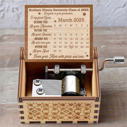 Congrats on Your Graduation, To My Great Lucia, Calendar and Stars - Custom Music Box With "You Are My Sunshine" Tune - GRAD042_MZB