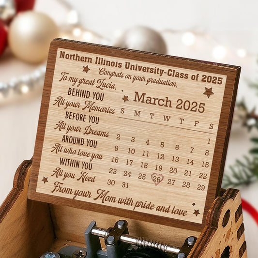 Congrats on Your Graduation, To My Great Lucia, Calendar and Stars - Custom Music Box With "You Are My Sunshine" Tune - GRAD042_MZB