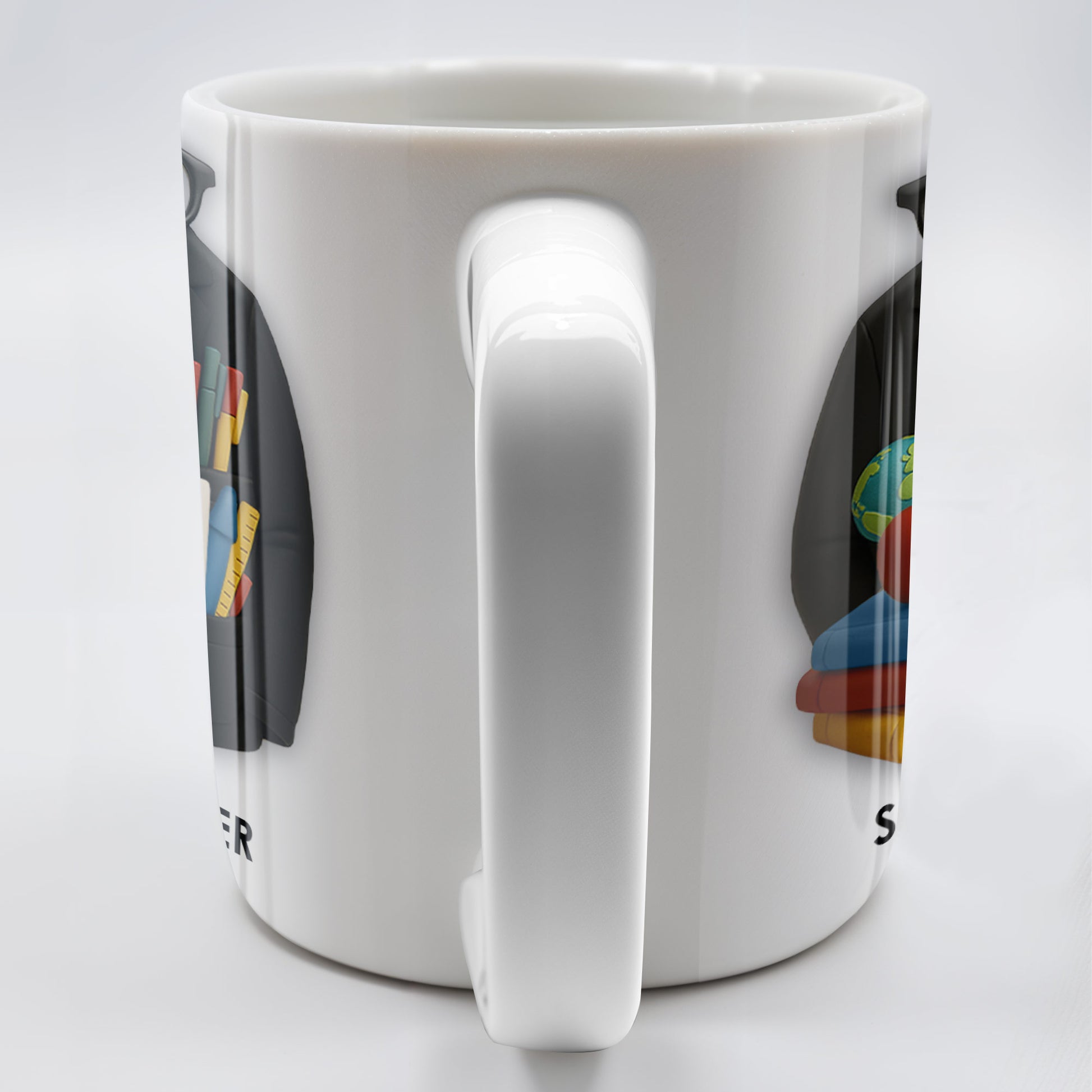 Customizable Coffee Mug Featuring Glasses, Books, Apple, Markers, Lab Coat