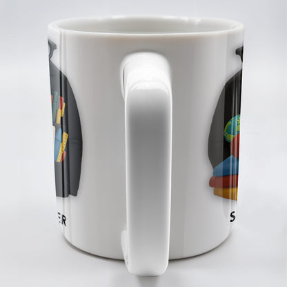 Customizable Coffee Mug Featuring Glasses, Books, Apple, Markers, Lab Coat