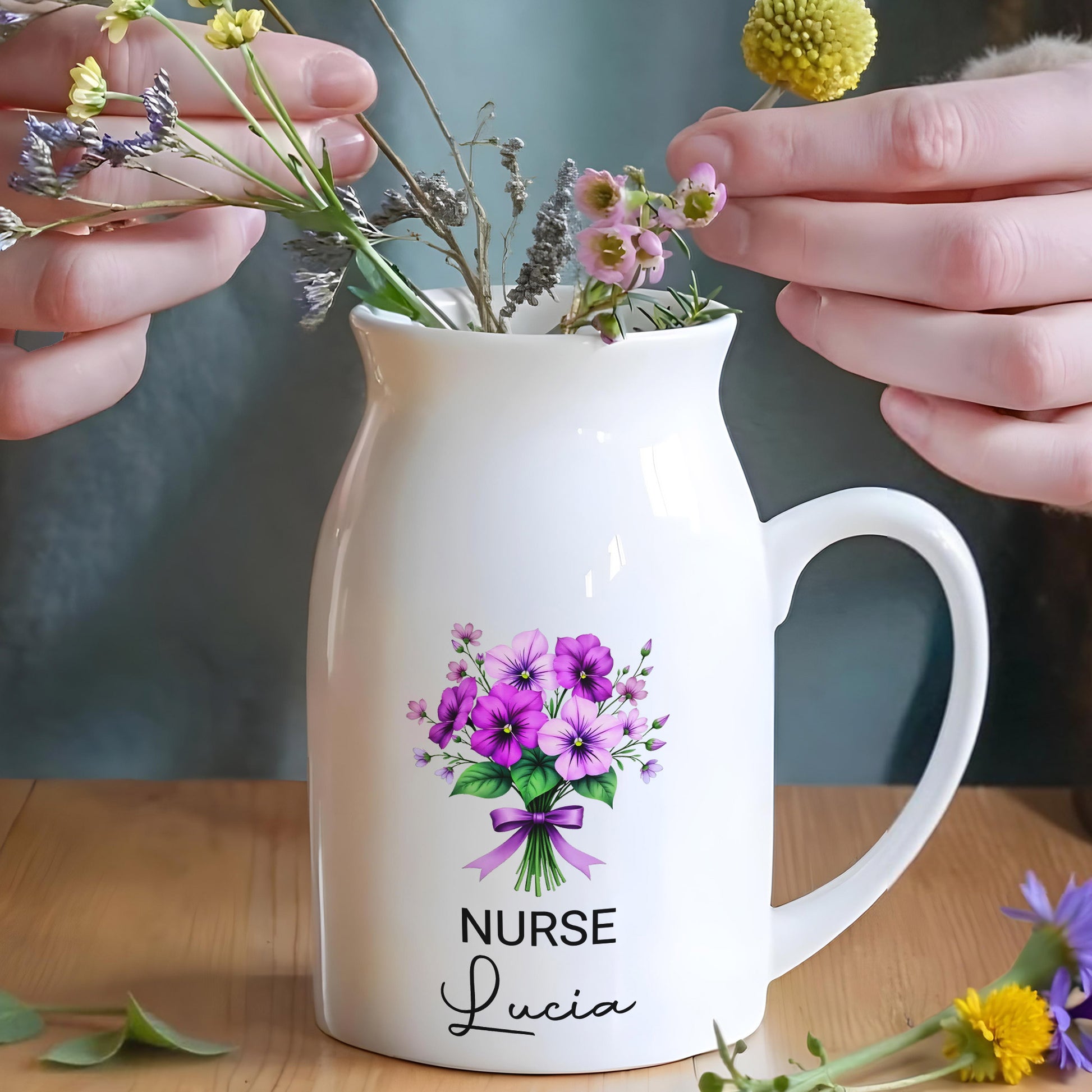 Customized Vase With Beautiful Floral Arrangement, Flowers and Bow