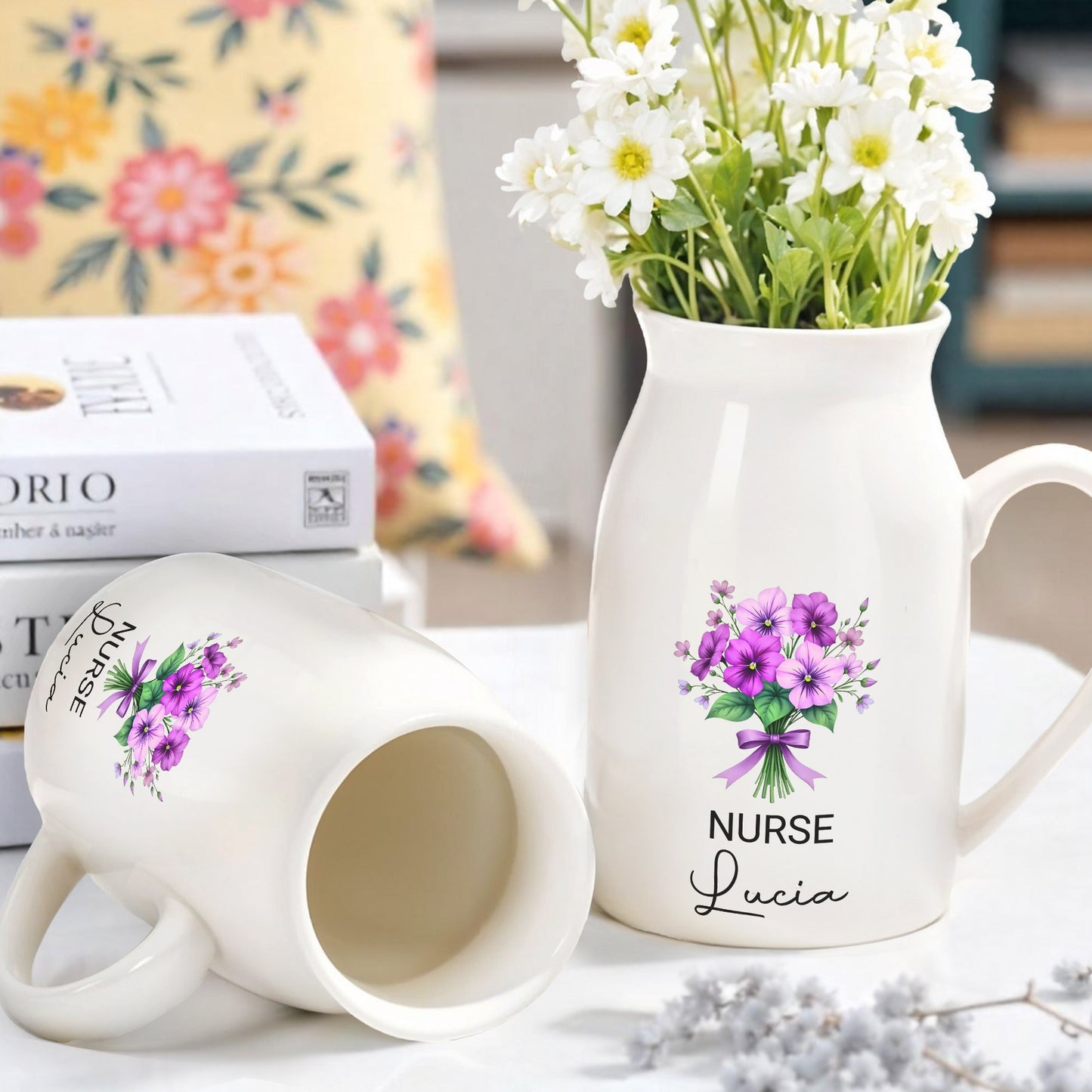 Customized Vase With Beautiful Floral Arrangement, Flowers and Bow