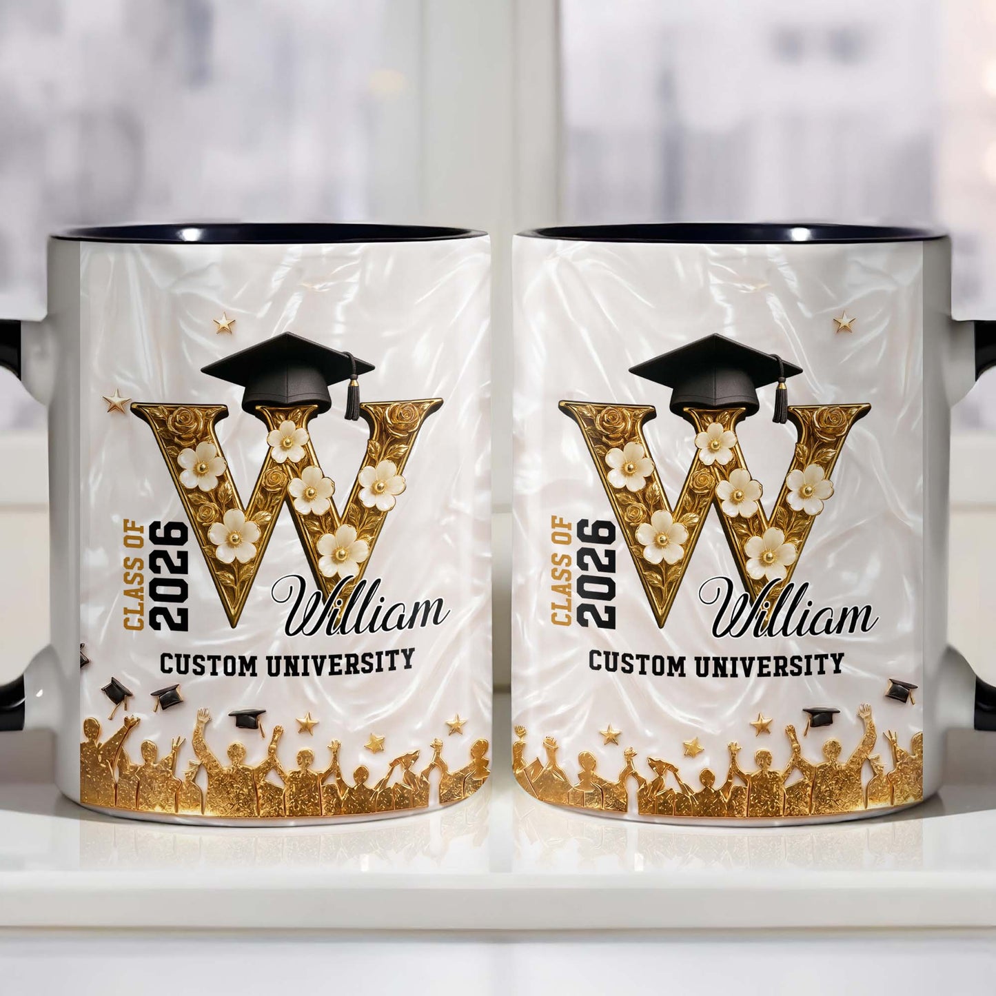 Class Of My University Initial Name Graduation Cap And Flowers - Personalized Custom Accent Mug - GRAD346_AMUG