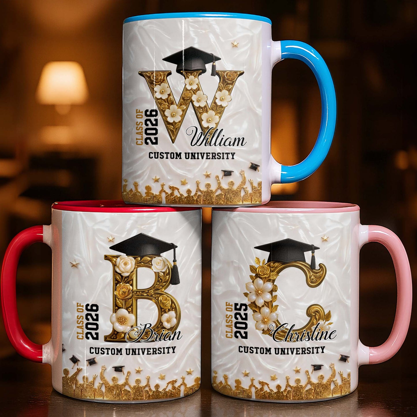 Class Of My University Initial Name Graduation Cap And Flowers - Personalized Custom Accent Mug - GRAD346_AMUG