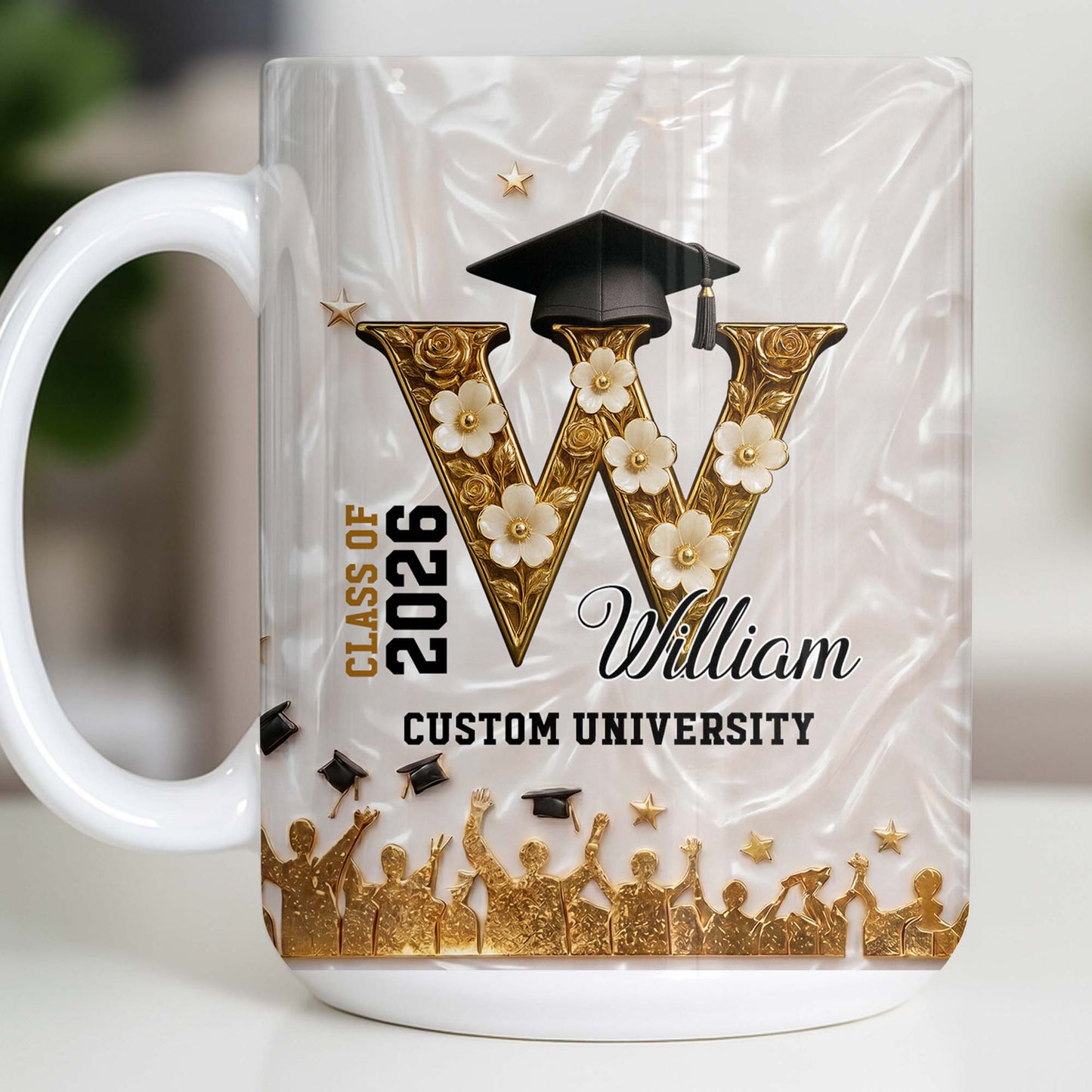 Class Of Graduate Initial Name Graduation Cap And Flowers - Personalized Custom Coffee Mug - GRAD346_MG