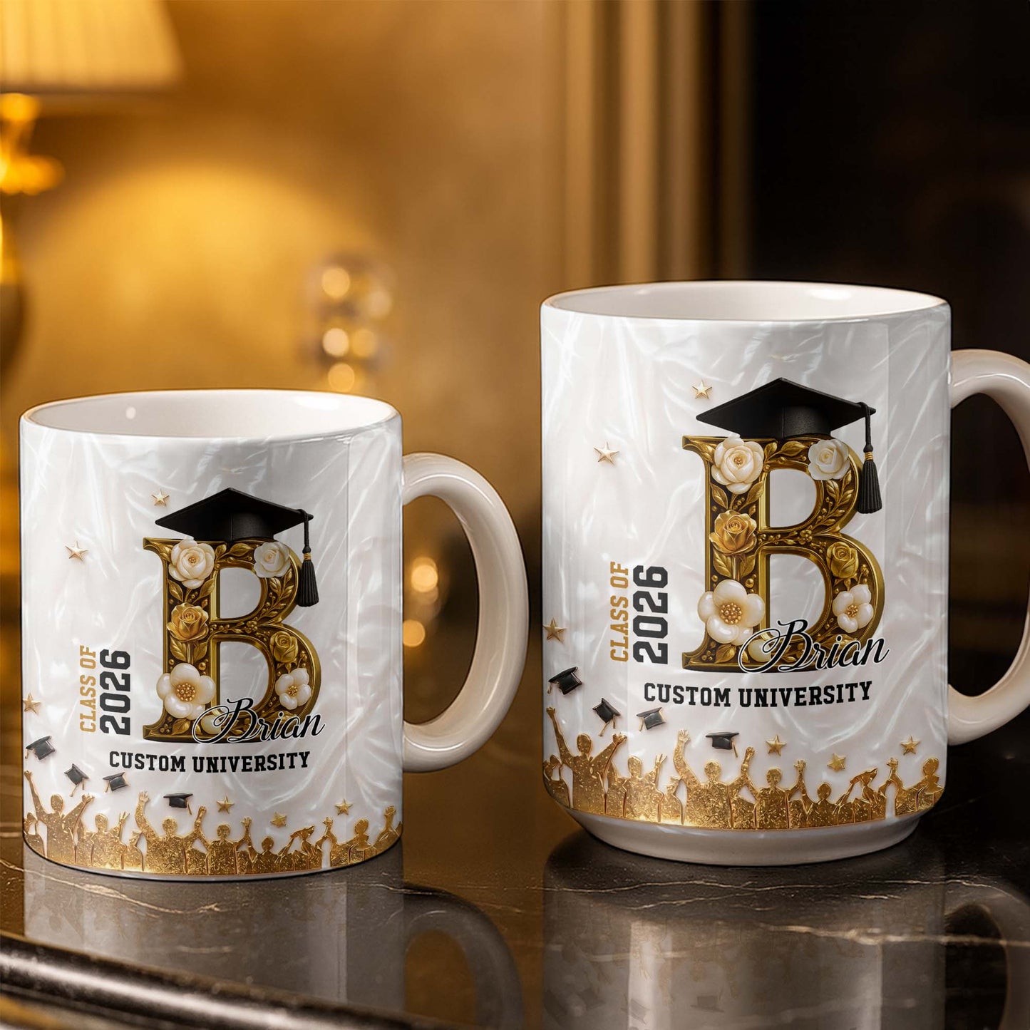 Class Of Graduate Initial Name Graduation Cap And Flowers - Personalized Custom Coffee Mug - GRAD346_MG