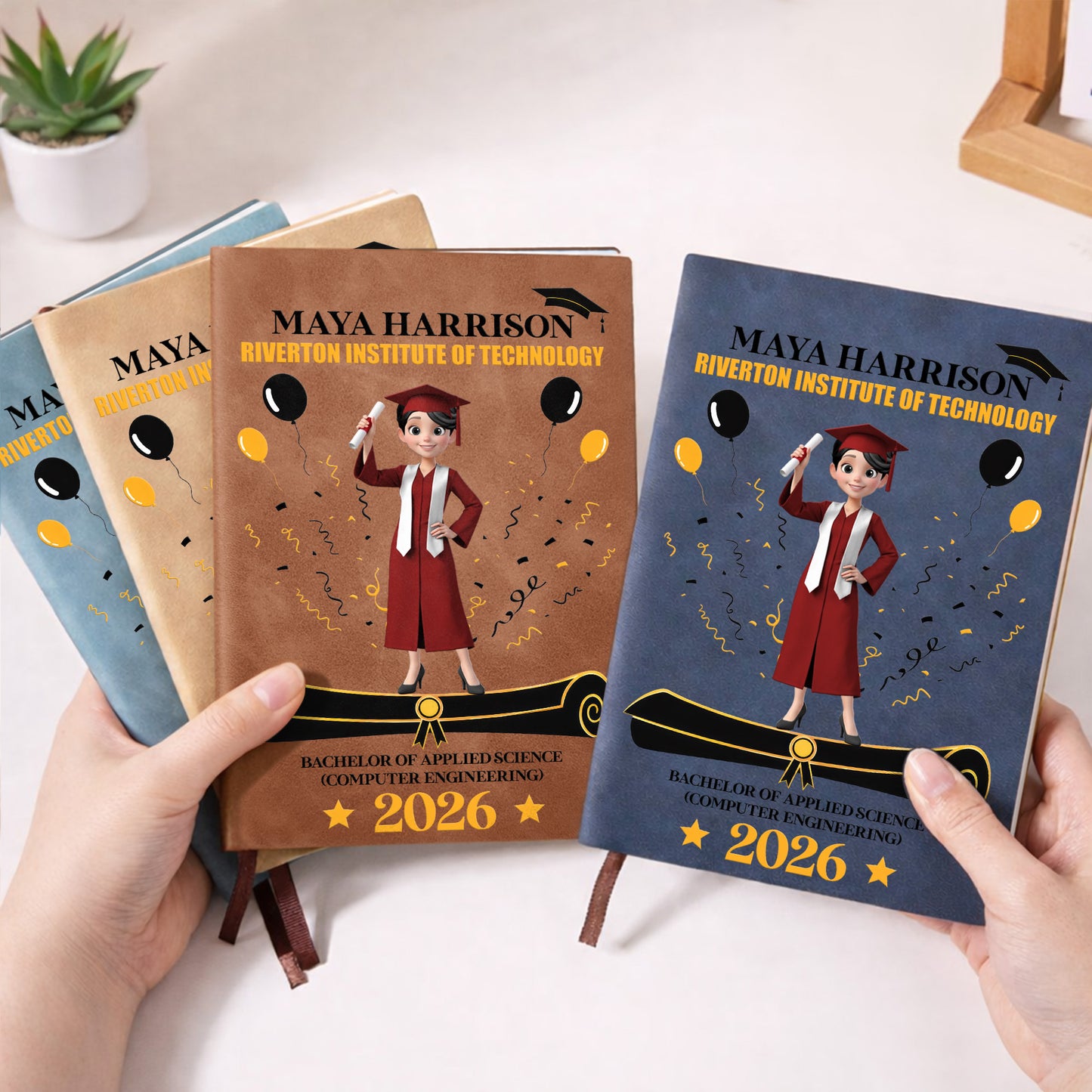 A Proud Graduate Standing Tall With Graduation Cap And Diploma - Personalized Leather Journal - GRAD354_LEJO