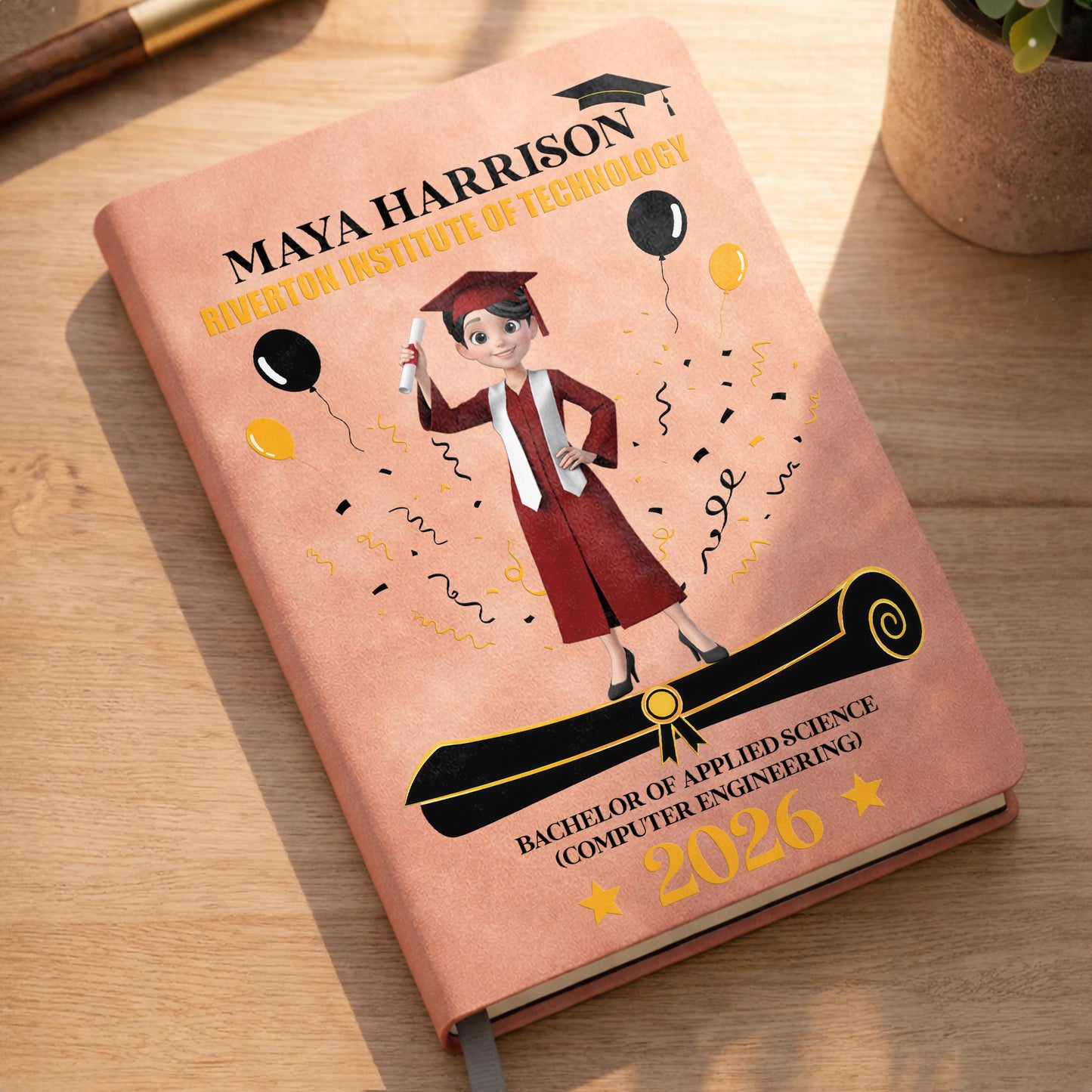 A Proud Graduate Standing Tall With Graduation Cap And Diploma - Personalized Leather Journal - GRAD354_LEJO