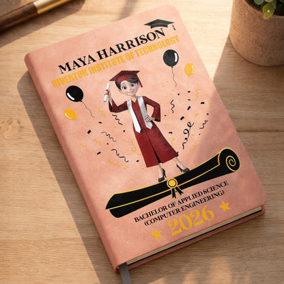 A Proud Graduate Standing Tall With Graduation Cap And Diploma - Personalized Leather Journal - GRAD354_LEJO