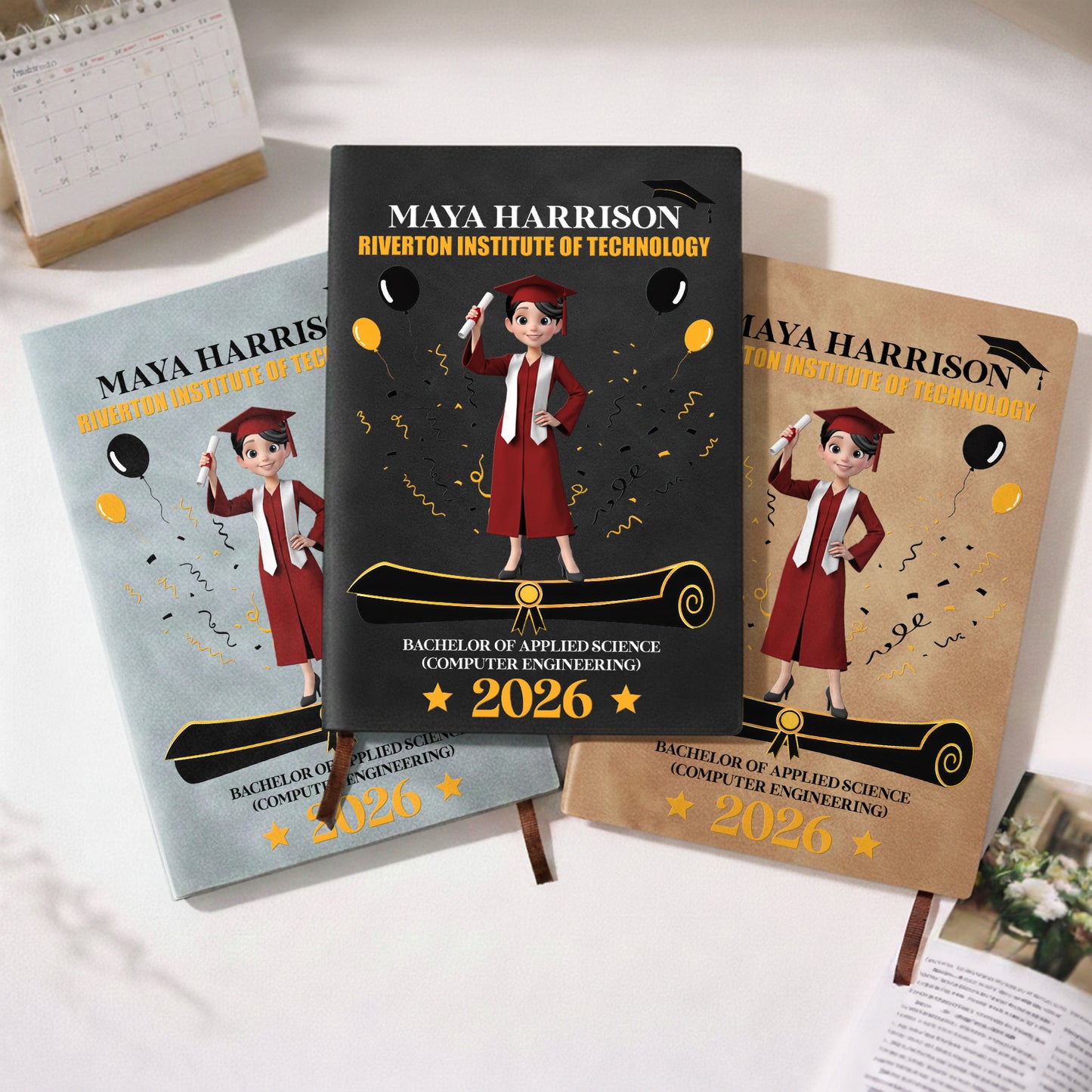 A Proud Graduate Standing Tall With Graduation Cap And Diploma - Personalized Leather Journal - GRAD354_LEJO