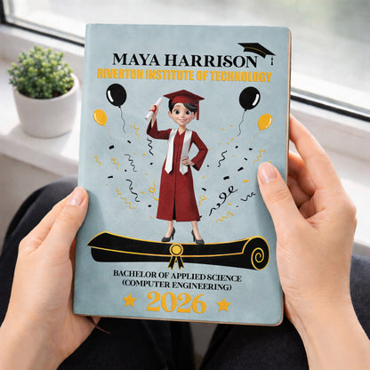 A Proud Graduate Standing Tall With Graduation Cap And Diploma - Personalized Leather Journal - GRAD354_LEJO