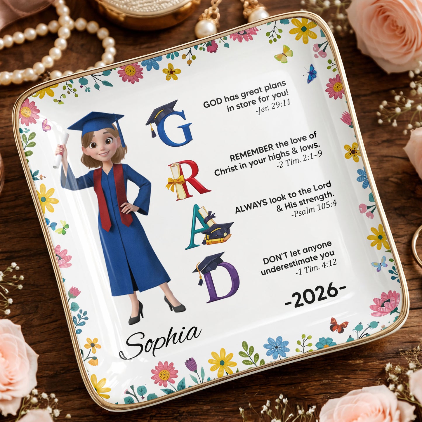 God Has Great Plans Graduation Girl Flowers and Bible Verses - Personalized Custom Jewelry Dish, Ceramic Dish, Square Shape - GRAD374_SCRF
