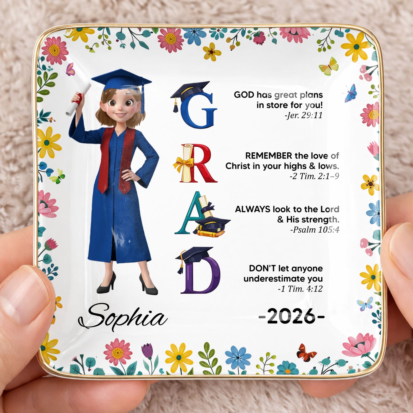 God Has Great Plans Graduation Girl Flowers and Bible Verses - Personalized Custom Jewelry Dish, Ceramic Dish, Square Shape - GRAD374_SCRF