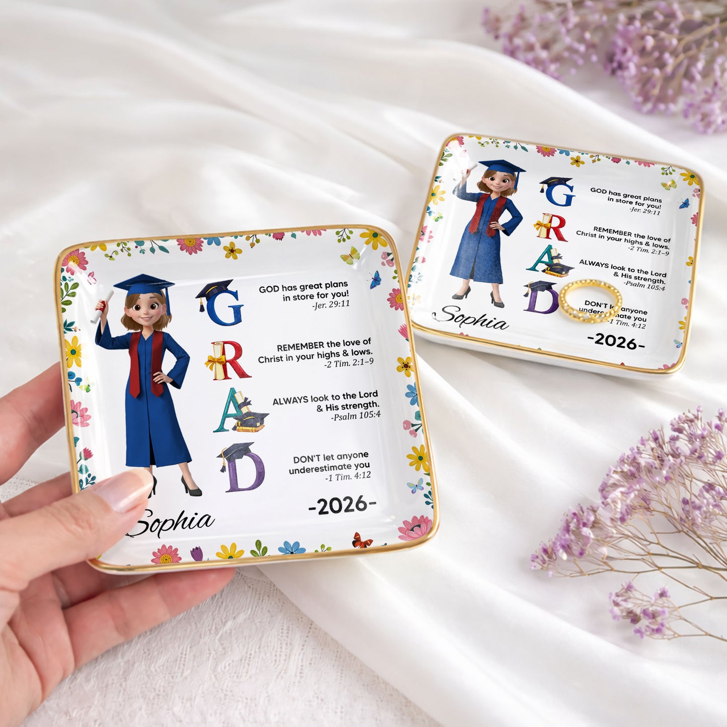 God Has Great Plans Graduation Girl Flowers and Bible Verses - Personalized Custom Jewelry Dish, Ceramic Dish, Square Shape - GRAD374_SCRF