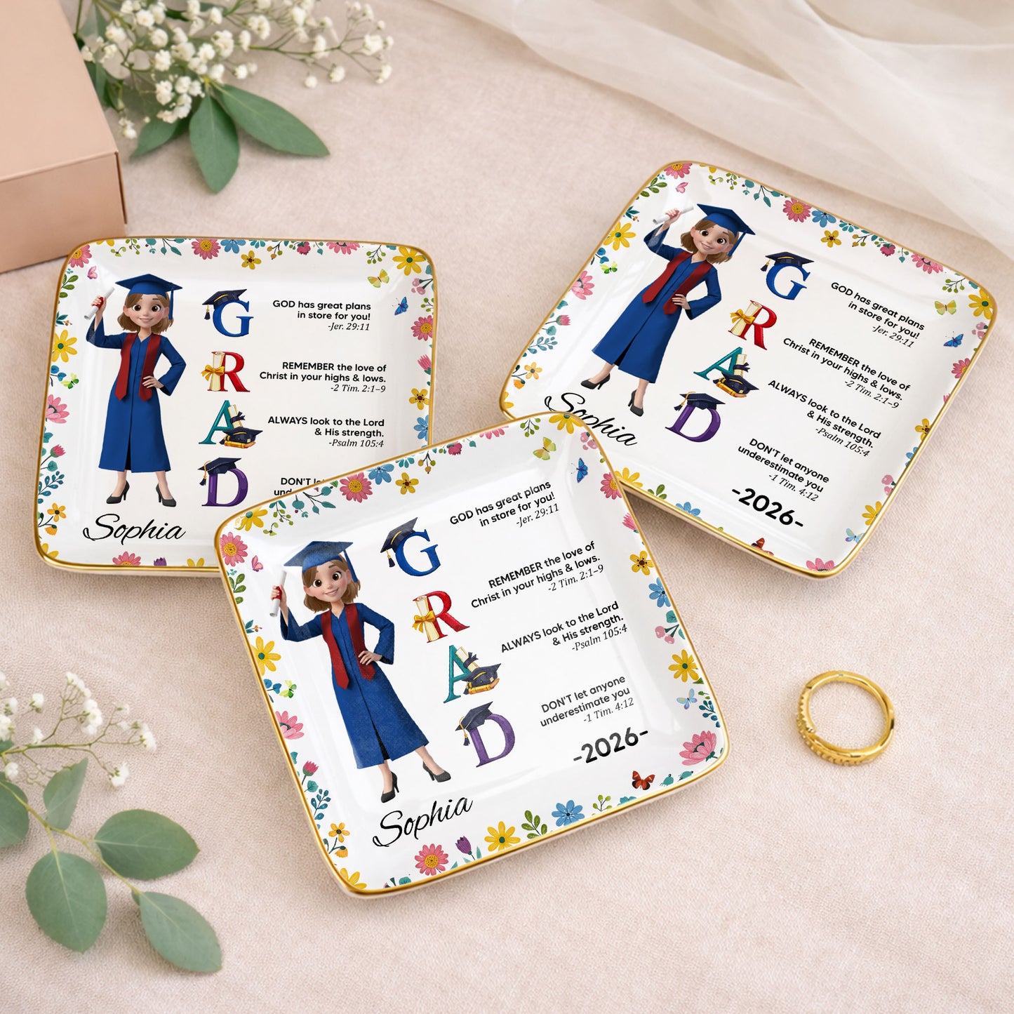 God Has Great Plans Graduation Girl Flowers and Bible Verses - Personalized Custom Jewelry Dish, Ceramic Dish, Square Shape - GRAD374_SCRF
