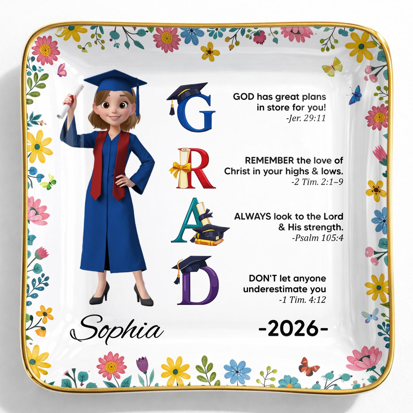 God Has Great Plans Graduation Girl Flowers and Bible Verses - Personalized Custom Jewelry Dish, Ceramic Dish, Square Shape - GRAD374_SCRF