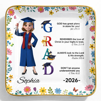 God Has Great Plans Graduation Girl Flowers and Bible Verses - Personalized Custom Jewelry Dish, Ceramic Dish, Square Shape - GRAD374_SCRF