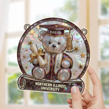 Class Of Graduation Bear With Diploma And Stars Mother Of Pearl Mosaic - Personalized Custom Suncatcher - GRAD436_CSUN