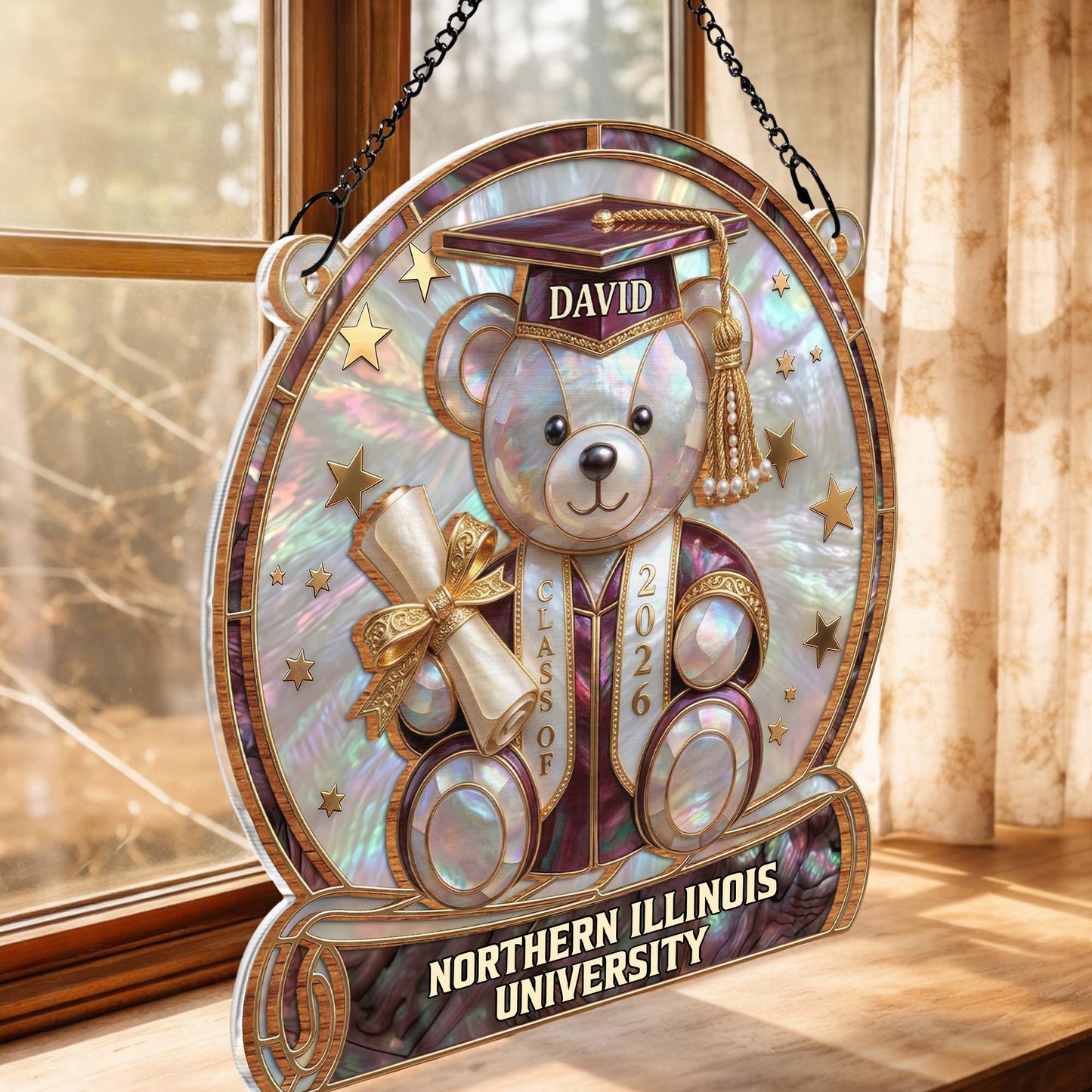 Class Of Graduation Bear With Diploma And Stars Mother Of Pearl Mosaic - Personalized Custom Suncatcher - GRAD436_CSUN
