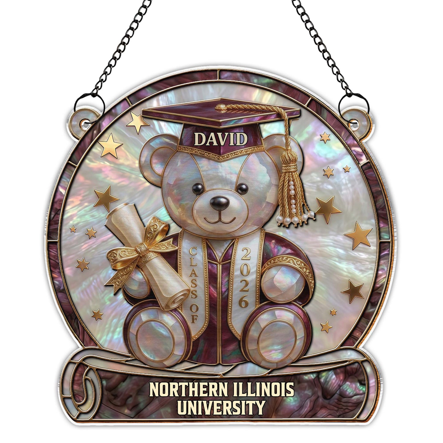 Class Of Graduation Bear With Diploma And Stars Mother Of Pearl Mosaic - Personalized Custom Suncatcher - GRAD436_CSUN