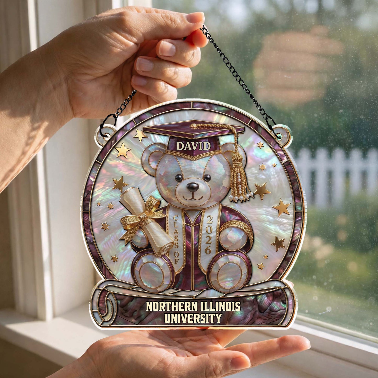 Class Of Graduation Bear With Diploma And Stars Mother Of Pearl Mosaic - Personalized Custom Suncatcher - GRAD436_CSUN