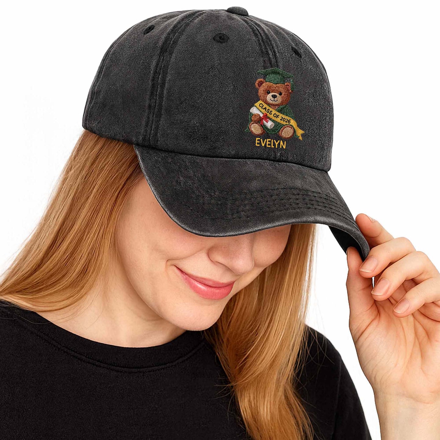 Class Of Graduation Bear With Custom Name - Personalized Custom Washed Denim Cap - GRAD440_WDCAP