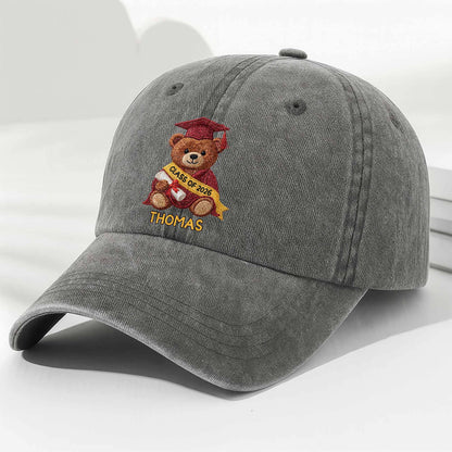 Class Of Graduation Bear With Custom Name - Personalized Custom Washed Denim Cap - GRAD440_WDCAP