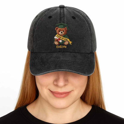 Class Of Graduation Bear With Custom Name - Personalized Custom Washed Denim Cap - GRAD440_WDCAP