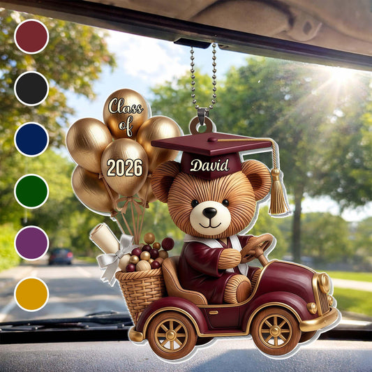 Class Of Graduation Bear Driving Car With Balloons - Personalized Custom Acrylic Ornament, Car Hanging Ornament - GRAD443_ACA