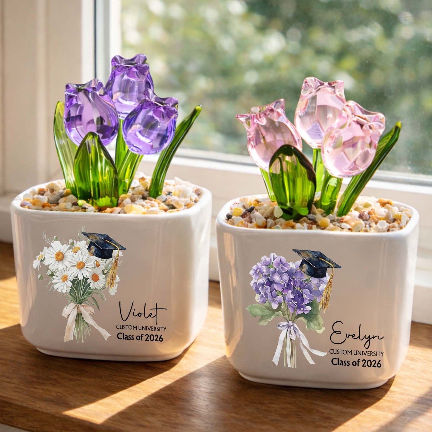 Class Of Birth Month Flowers And Graduation Cap With Glass Tulips - Personalized Custom Glass Everlasting Tulips - GRAD457_GLATU