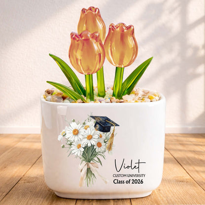 Class Of Birth Month Flowers And Graduation Cap With Glass Tulips - Personalized Custom Glass Everlasting Tulips - GRAD457_GLATU