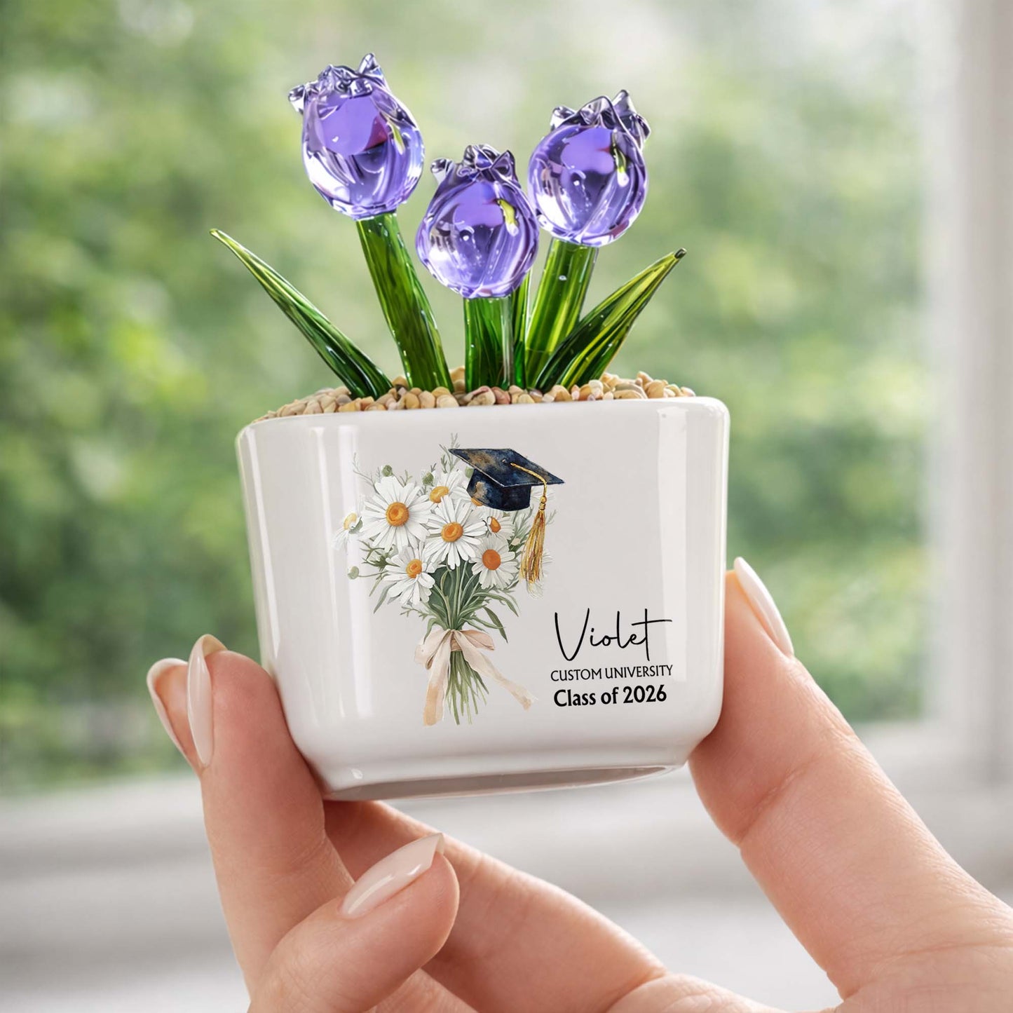 Class Of Birth Month Flowers And Graduation Cap With Glass Tulips - Personalized Custom Glass Everlasting Tulips - GRAD457_GLATU