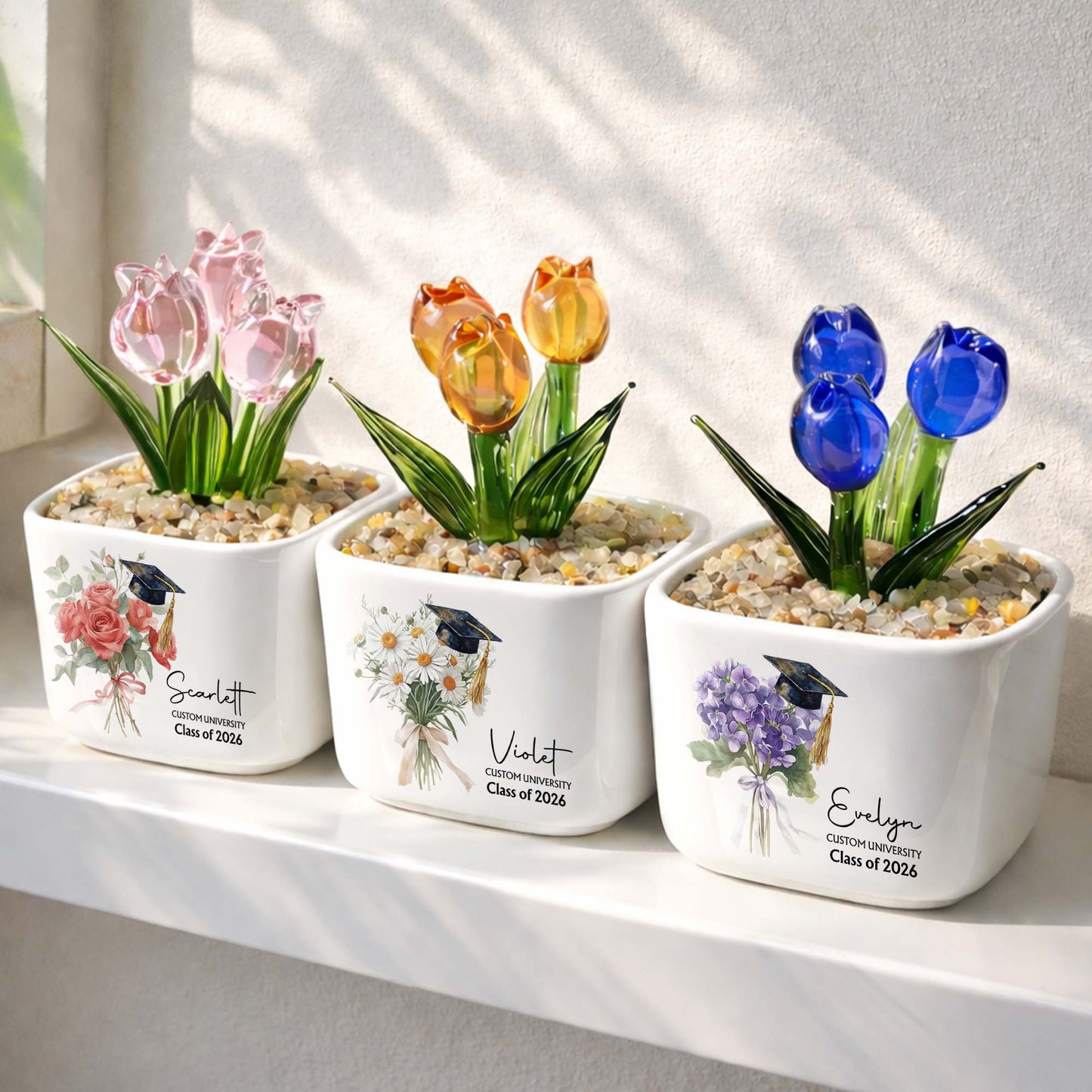 Class Of Birth Month Flowers And Graduation Cap With Glass Tulips - Personalized Custom Glass Everlasting Tulips - GRAD457_GLATU